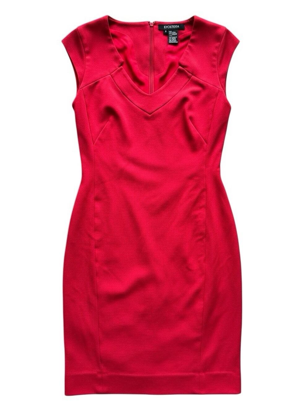 ETCETERA Red Solid Knit Sheath Dress 0 V-Neck Cap Sleeve Knee Lined Bow Zip